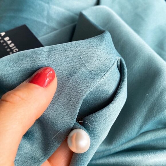 🎄 ZARA SAGE PADDED SHOULDER PEARL RUFFLE DETAIL LOOSE MINI DRESS! - Picture 13 of 16